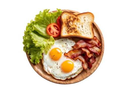 Plate with fried eggs, bacon, toasts and lettuce on transparent background
- Powered by Adobe