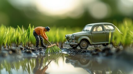 Miniature Figures Harvesting Rice in Terraced Field with Vintage Car, Water Reflections - Detailed Miniature Scene