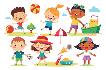 Illustration set of child drawings summer isolated on white background, Vector, Illustration