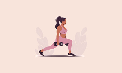 A woman doing lunges with dumbbells during a strength workout.