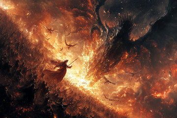 Epic Angel vs Demon Battle in Fiery Sky.