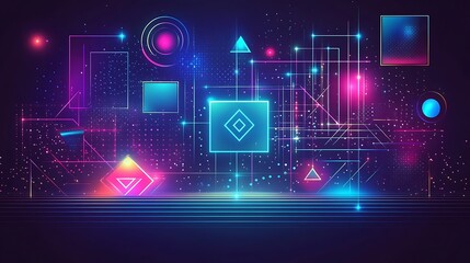 Naklejka premium Abstract Neon Geometric Shapes with Glowing Lines and Stars on a Dark Background