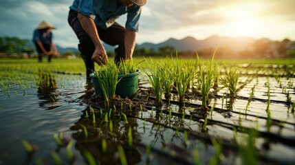 Miniature Farmers Cultivating Rice in Lush Paddy Fields - Aerial View of Detailed Figures in Flooded Landscape