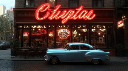 Roadside diner, neon sign, classic car parked outside, late night