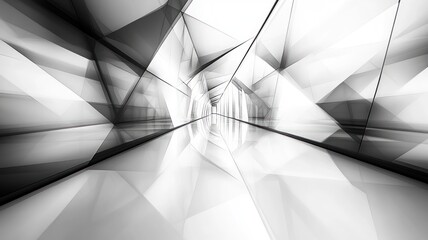 Abstract geometric space with sharp angles and reflective surfaces.