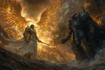 Epic Angel vs Demon Battle in Fiery Sky.