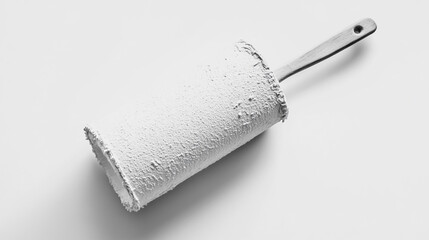 Obraz premium A paint roller covered in white paint rests on a clean surface, showcasing the tools of a home renovation project in bright lighting
