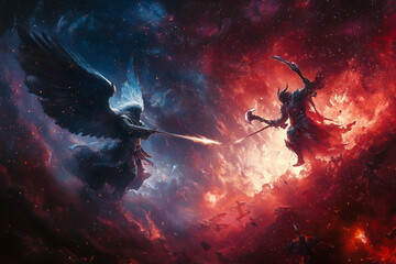 Epic Angel vs Demon Battle in Fiery Sky.