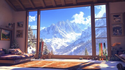 Fototapeta premium Ski lodge, skis and snowboards propped up, snowy mountain in the background, winter light