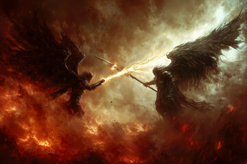 Epic Angel vs Demon Battle in Fiery Sky.