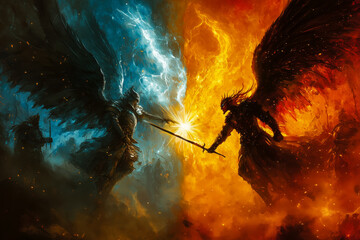 Epic Angel vs Demon Battle in Fiery Sky.