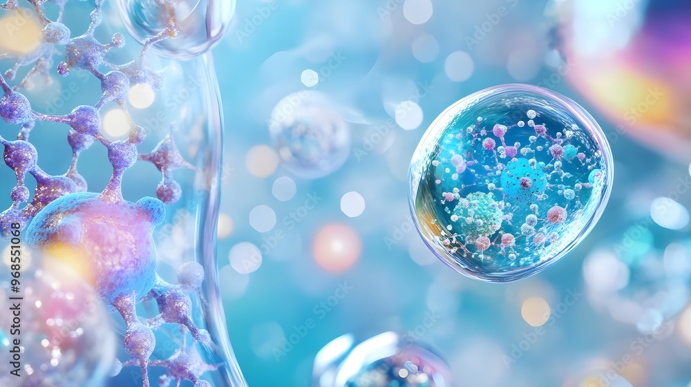 Poster abstract blue bubbles with molecular structure for science background