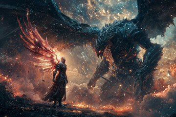 Epic Angel vs Demon Battle in Fiery Sky.