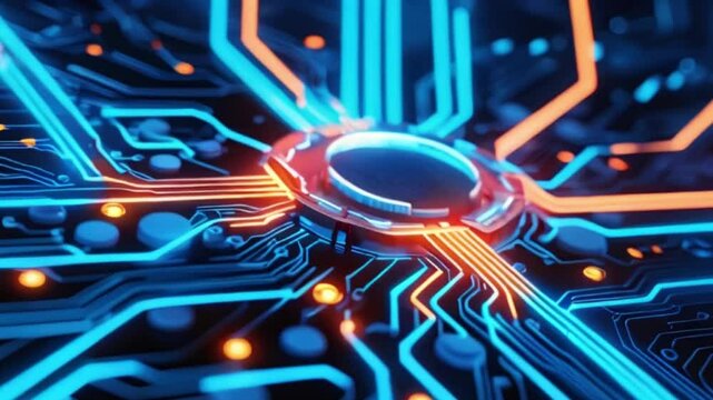 An abstract representation of a circuit board with glowing blue and orange lines, creating a futuristic vibe Perfect for technology themes created with generative ai