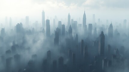 Fototapeta premium Smog-filled city skyline, grey and hazy, tall skyscrapers barely visible, dull overcast lighting