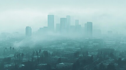 Fototapeta premium Smog-filled city skyline, grey and hazy, tall skyscrapers barely visible, dull overcast lighting