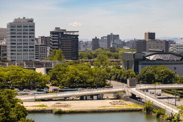 Hiroshima panoramic view. A city view of Hiroshima, from the old Hiroshima Castle, Japan