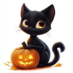 Cute Black Cat with Halloween Pumpkin