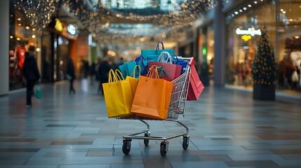 Woman pushes full shopping cart in crowded supermarket on Christmas Eve