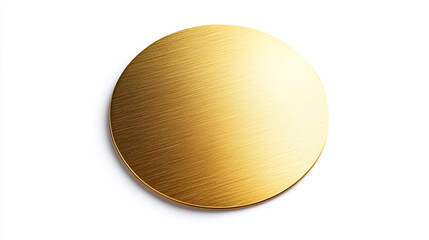 A shiny brass round plate with a brushed texture resting on a white surface, showcasing its reflective qualities and smooth finish