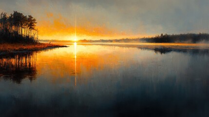 Obraz premium Serene Sunrise over Tranquil Lake - A Renewal of Light and Peace