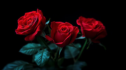Three red roses beautifully arranged against a dark background highlighting their petals and leaves in a striking display of nature's beauty