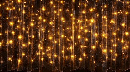 Obraz premium Strings of fairy lights, hanging in a curtain, warm golden light, dark background