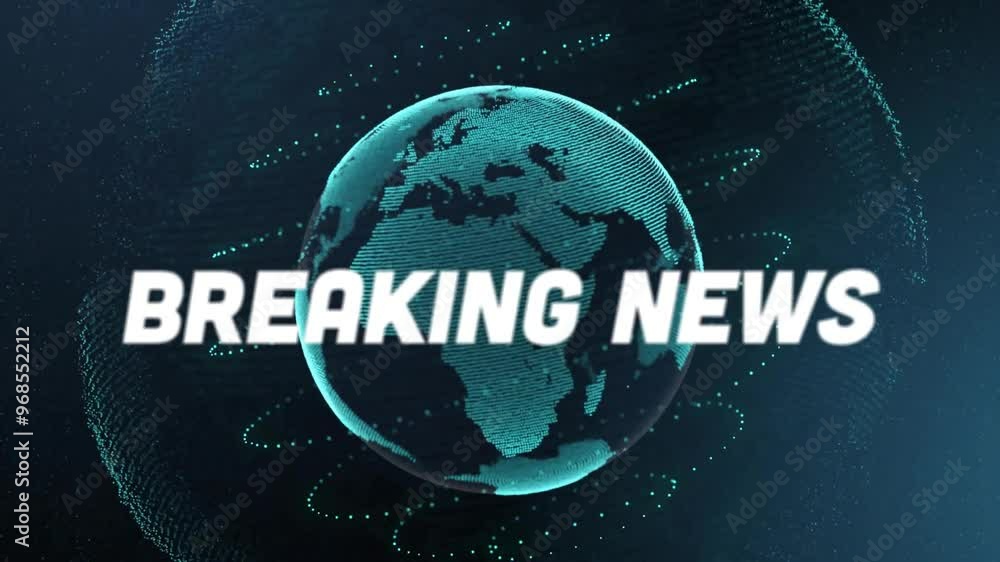 Poster animation of breaking news text and data processing over globe