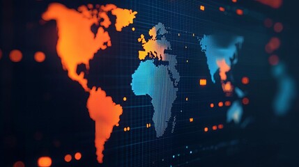 Obraz premium A vivid digital world map showcasing vibrant colors of blue and orange, representing connections and global information networks.