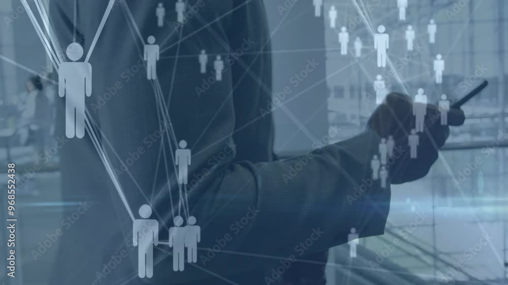 Poster Animation of connections with people icon over caucasian businessman using smartphone in office