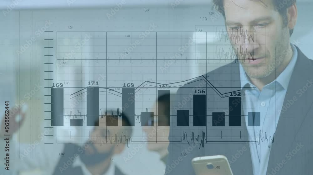 Poster animation of financial data processing over caucasian businessman using smartphone in office