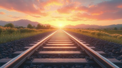 Obraz premium Train tracks, stretching into the distance, mountains in the background, golden hour