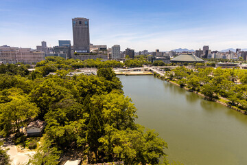 Hiroshima panoramic view. A city view of Hiroshima, from the old Hiroshima Castle, Japan
