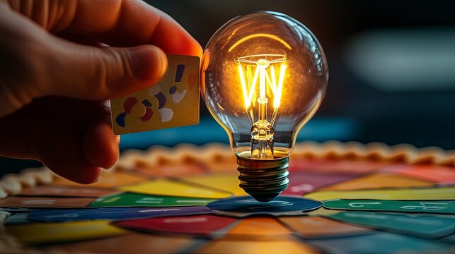 Trivial Pursuit, player holding question card, pie pieces filled in, soft lamp light