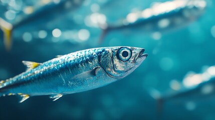 Fototapeta premium Closeup of fresh sardines, arranged in piles on the ground. The background is a fish market with various types and sizes of blue-hued sprat against a dark navy ... See More