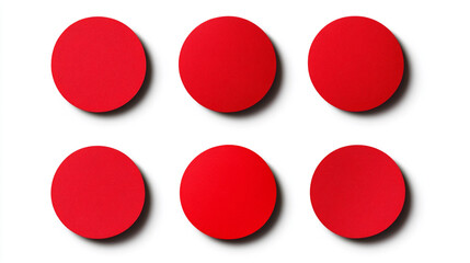 Six evenly spaced red circles arranged in a grid against a clean white background, creating a striking visual contrast