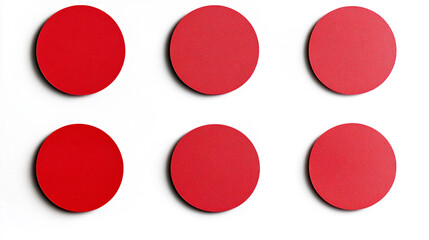 Six red circles arranged in a grid on a white surface showcasing different shades and textures during daylight