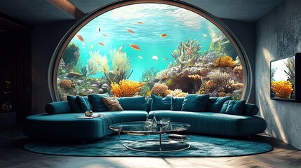 Transform Your Space with a Stunning Underwater Oasis: A Modern Aquatic-Themed Lounge Poster Featuring Plush Teal Furniture and a Captivating Skylight View