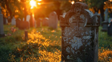 Fototapeta premium gravestones of a cemetery in a sunset