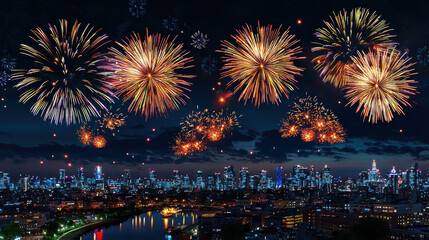 Spectacular display of colorful fireworks illuminating the night sky over a vibrant city skyline and reflective river below