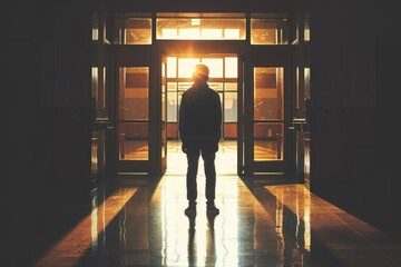 Fototapeta premium A silhouette of a person standing at the entrance, illuminated by warm sunlight, creating a dramatic and reflective atmosphere.