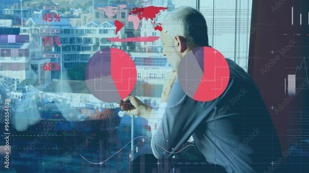 Poster animation of financial data processing over caucasian businessman using smartphone