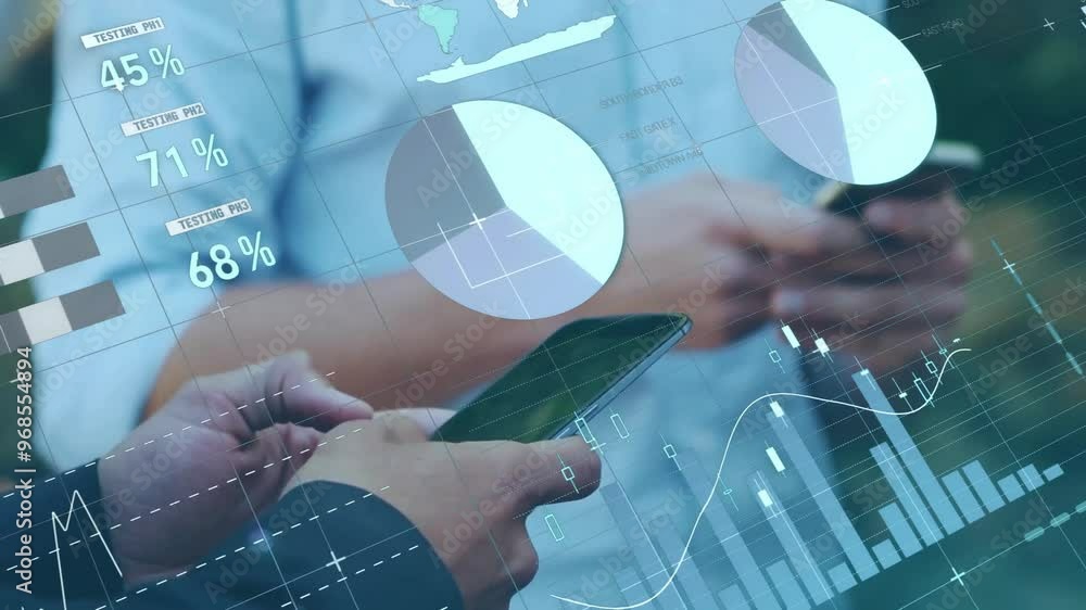 Poster animation of financial data processing over diverse colleagues using smartphones