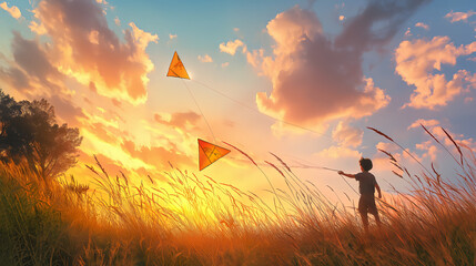 a child plays outside at sunset with a kite, captured in a 3d illustration