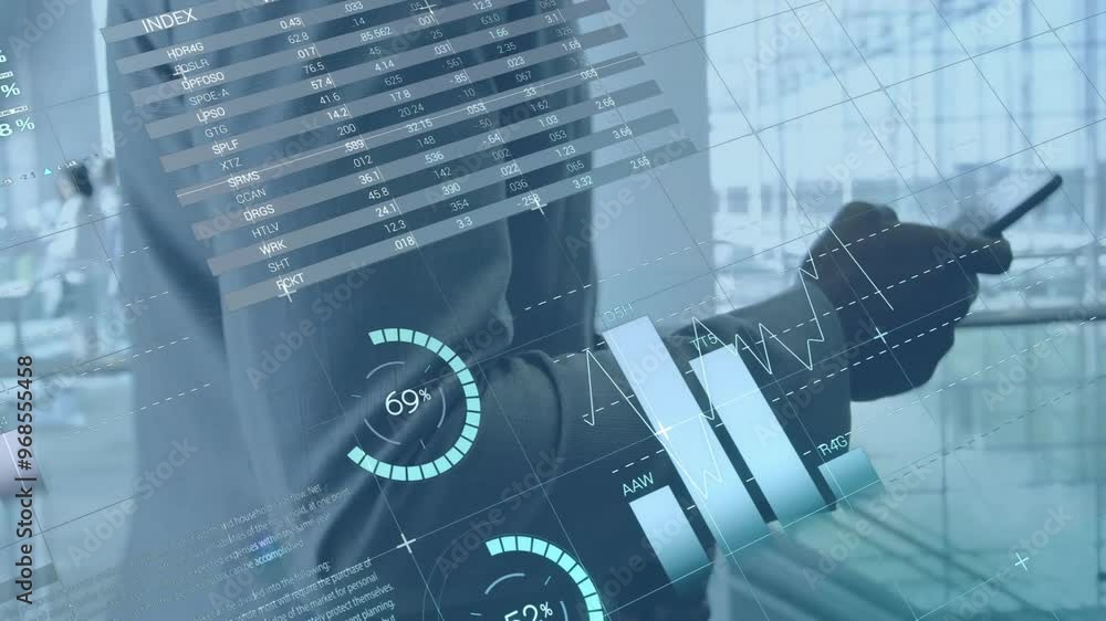Poster animation of financial data processing over caucasian businessman using smartphone
