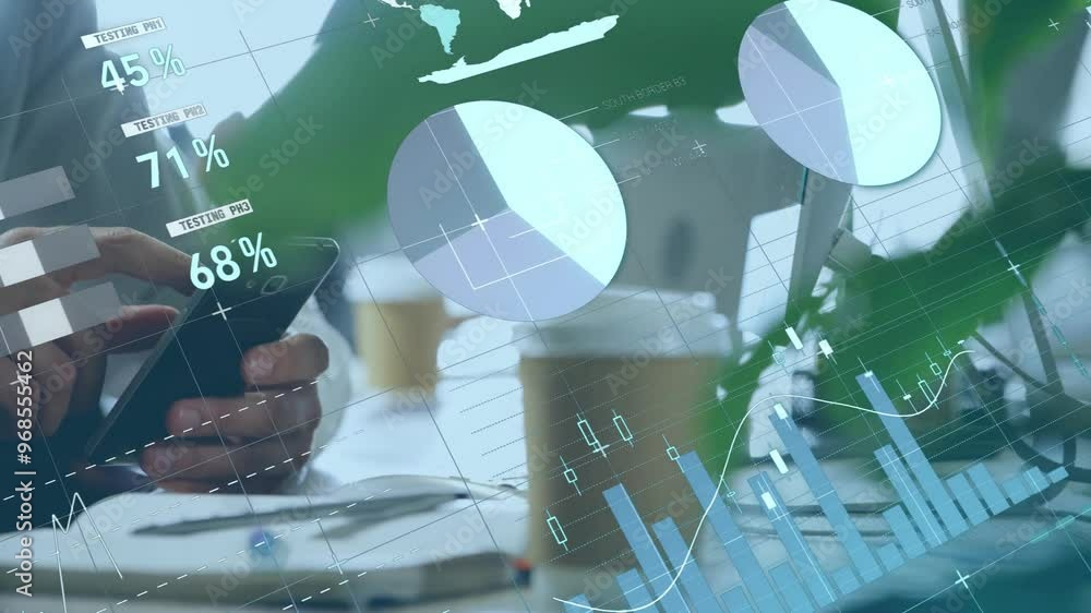 Poster animation of financial data processing over caucasian businessman using smartphone
