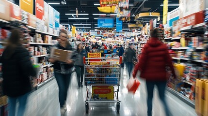 Obraz premium A shopping cart piled high with Black Friday purchases, a consumer racing to the checkout counter, other shoppers rushing through the aisles, large sale signs and banners hanging from the ceiling, 