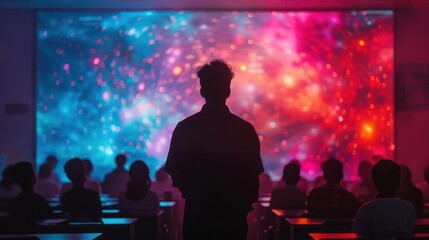 A captivating scene of a silhouetted figure against a colorful cosmic backdrop, representing education and inspiration.
