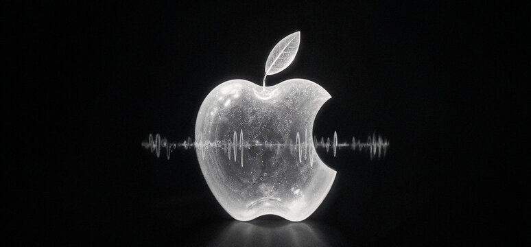 A glowing apple illuminated against a dark background with sound waves radiating from its core.