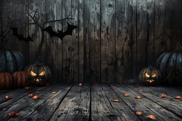 decoration  spooky pumpkins, bats, wooden Halloween scene.